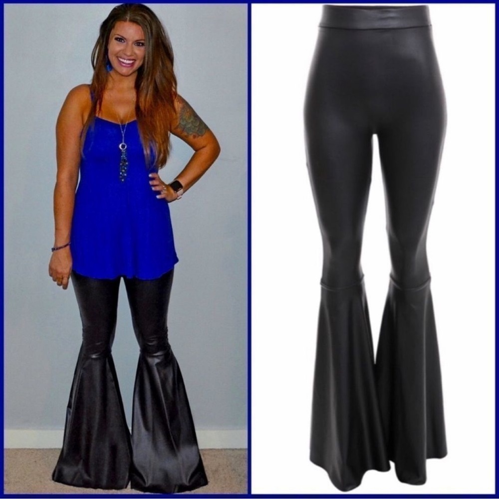 Black Faux Leather Trumpet Bell Bottoms - sku 9002